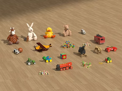 Stuffed Animal Dolls And Assorted Children Toys On Wooden Floor 3d model