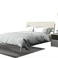 Modern Double Bed With Light Headboard Gray Striped Bedding Bedside Table Lamp And Rug 3d model