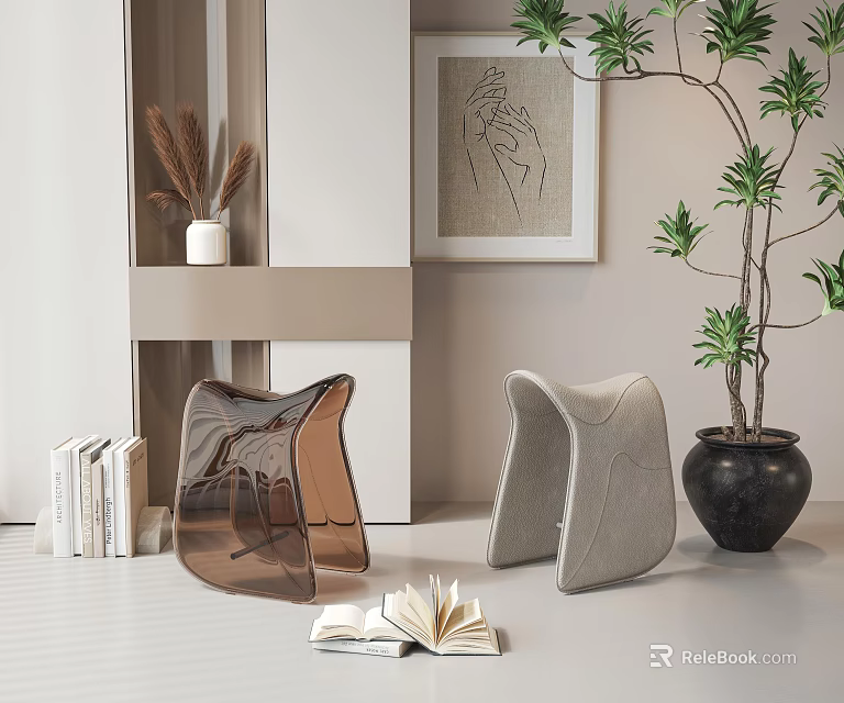 Modern Stools In Contemporary Living Room Decor 3d model 