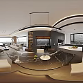 Modern Living Room With Beige Sofa Large Windows Scenic View Coffee Table And Area Rug