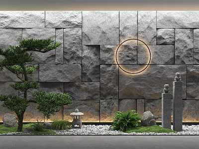 Garden Landscape With Stone Wall Illuminated Circular Decoration Pine Tree Stone Lantern And Gravel Lawn 3d model