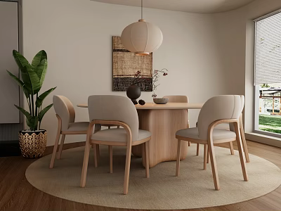 Modern Light Wooden Round Dining Table Set with Four Chairs Pendant Light Woven Art 3d model