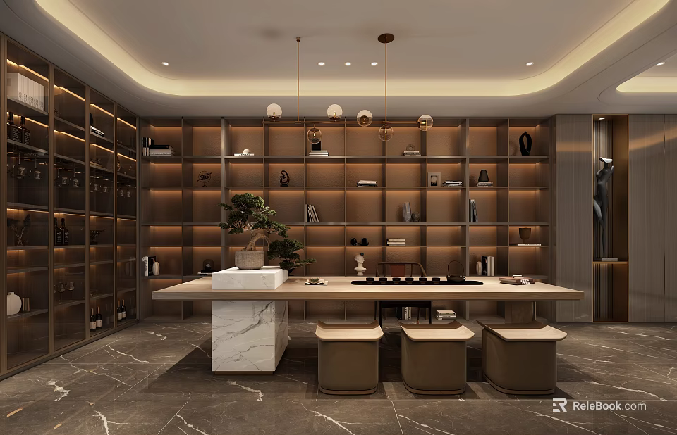 Bar Area Interior Design With Wooden Shelves Marble Countertop Stools And Decorative Items 3d model 