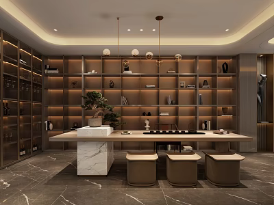 Bar Area Interior Design With Wooden Shelves Marble Countertop Stools And Decorative Items 3d model