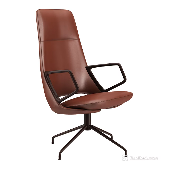 Brown Leather Office Chair With Black Armrests And Modern Metal Base Design 3d model 
