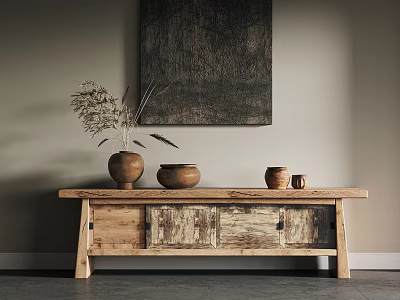 Rustic Wooden TV Stand with Natural Wood Finish Decorative Vase Dried Flowers and Ceramic Bowls 3d model