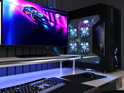Gaming PC Setup With Monitor Racing Game Display RGB Fans Transparent Case Keyboard Mouse 3d model