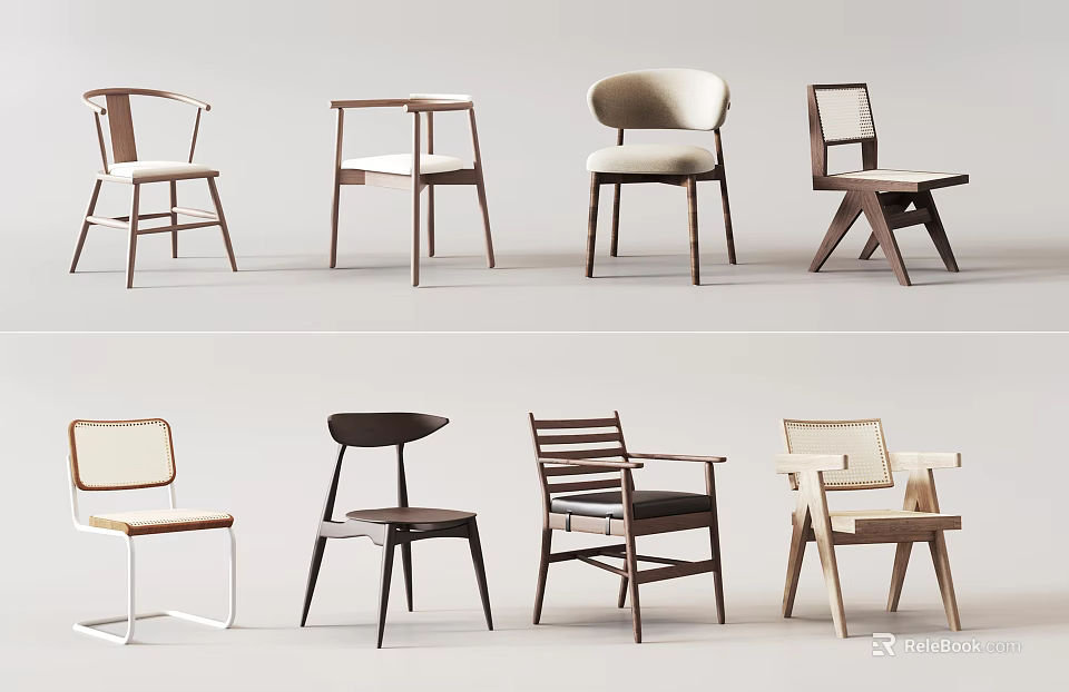 Modern Minimalist Dining Chairs With Wooden Frames And Various Stylish Designs 3d model 