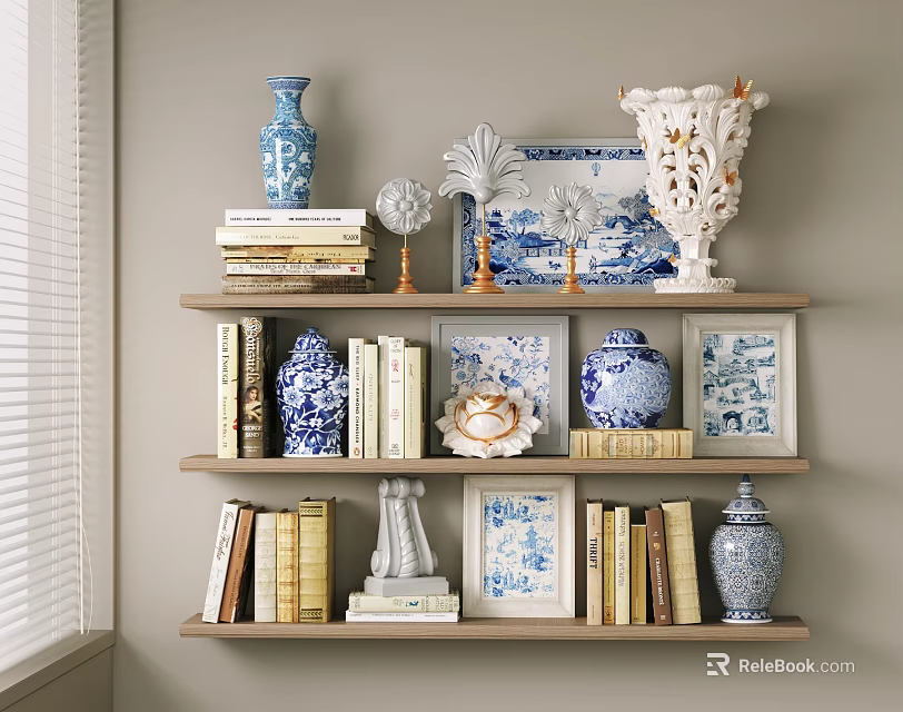 Elegant Decorative Ornaments Set With Blue And White Vases Books Picture Frames On Wooden Shelf 3d model 