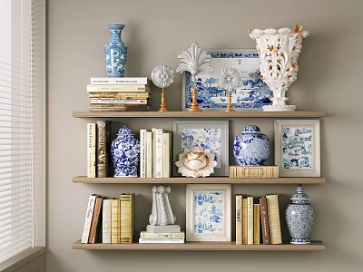 Elegant Decorative Ornaments Set With Blue And White Vases Books Picture Frames On Wooden Shelf 3d model