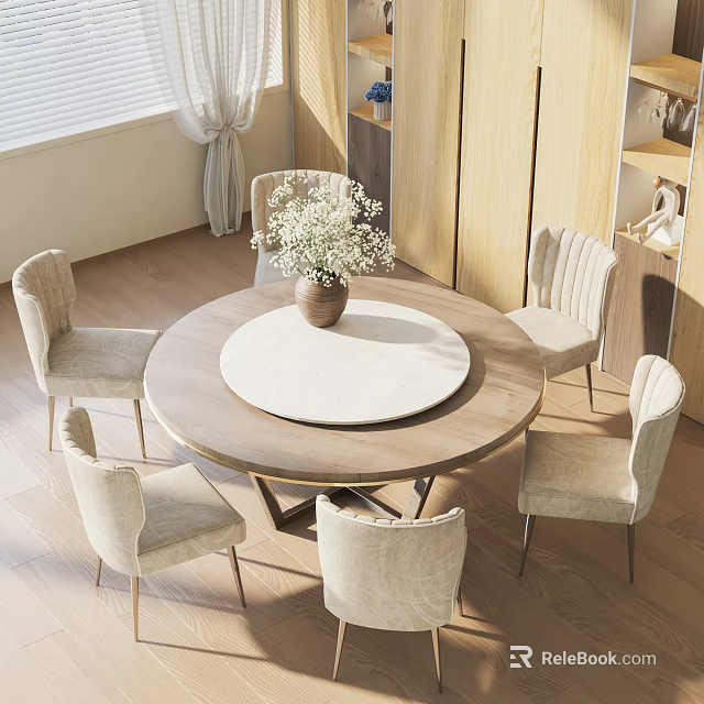 Round Wooden Dining Table Set With Six Light Striped Chairs White Tabletop And Flower Vase 3d model 
