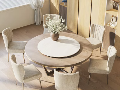 Round Wooden Dining Table Set With Six Light Striped Chairs White Tabletop And Flower Vase 3d model
