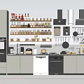 Modern Kitchen Featuring Shelves With Kitchenware Spices Mugs Hanging Pans Cabinets And Appliances
