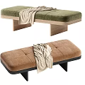 Upholstered Sofa Bench in Brown and Green with Light Blanket and Wooden Base