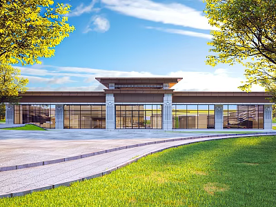 Modern Sales Office Building With Glass Curtain Walls Paved Road Green Lawn And Trees 3d model
