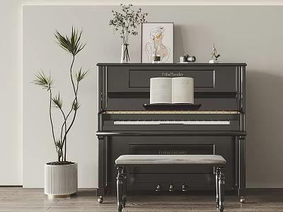 Elegant Black Piano And Portrait Painting Interior With Open Sheet Music Green Plant And Bench 3d model