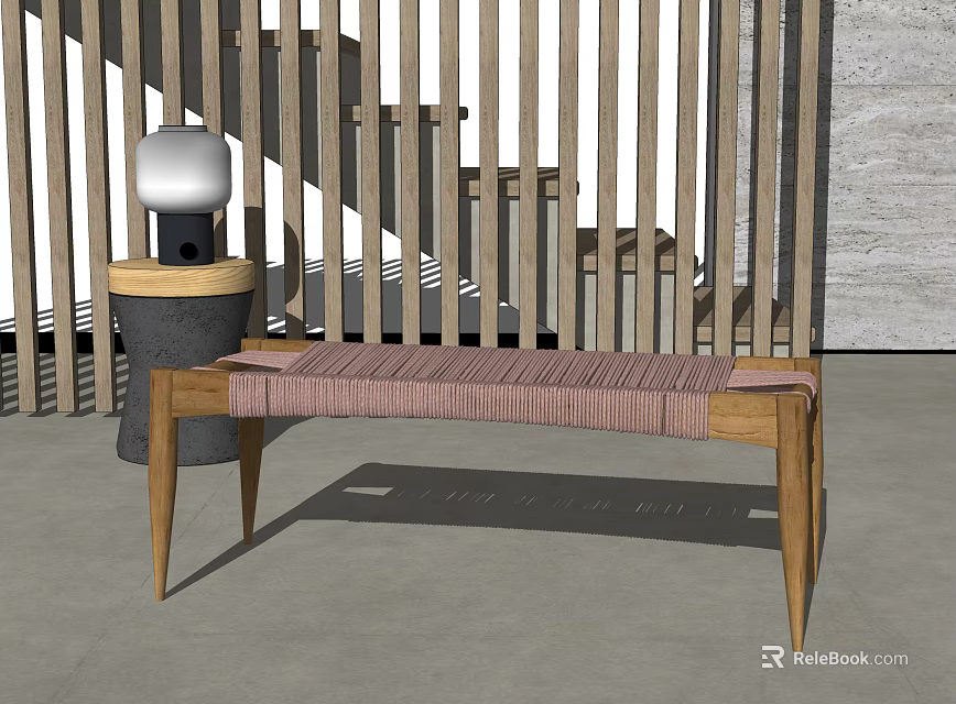 Wooden Footstool With Striped Cushion Wooden Slat Screen Small Table Lamp Gray Concrete Floor 3d model 