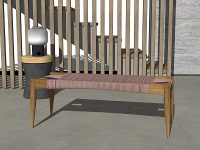 Wooden Footstool With Striped Cushion Wooden Slat Screen Small Table Lamp Gray Concrete Floor 3d model