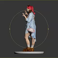 Woman Posing on White Platform with Red Headband Blue Outfit Pink Bag Brown Fuzzy Slippers