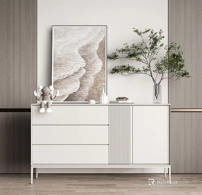Modern White Entryway Console Table With Framed Artwork Green Plant And Decorative Items 3d model 