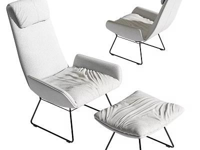 White Upholstered Lounge Chair With Matching Ottoman And Black Metal Legs 3d model