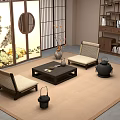 Traditional Japanese Tea Table and Chairs with Landscape Screen and Black Lanterns