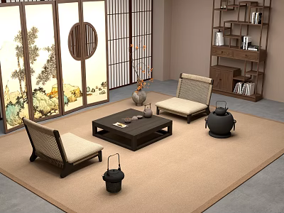 Traditional Japanese Tea Table and Chairs with Landscape Screen and Black Lanterns 3d model