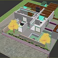 Cartoon Scene Featuring 3D House Model With Green Lawn Trees And White Open Architecture