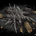 Charred Wood Logs Pile On Natural Stone Ground With Scattered Ash Pieces