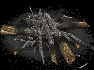 Charred Wood Logs Pile On Natural Stone Ground With Scattered Ash Pieces 3d model