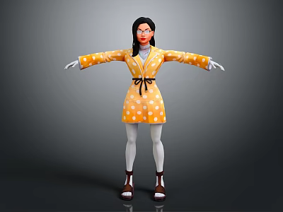 3D Character In Yellow Polka Dot Dress With Black Belt And Arms Outstretched 3d model