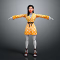 3D Character In Yellow Polka Dot Dress With Black Belt And Arms Outstretched