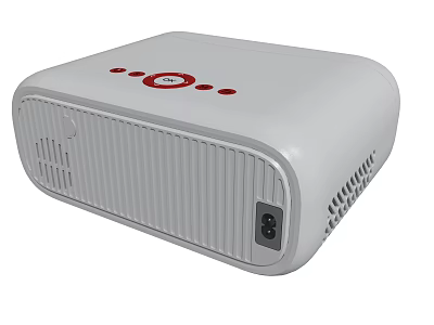White Portable Projector Featuring Red Control Buttons Ventilation Holes And Power Interface 3d model