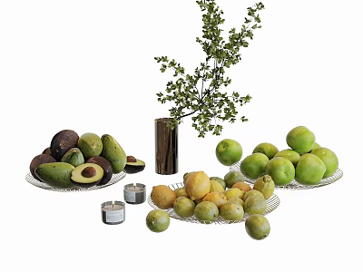 Fresh Avocados Green Apples And Lemons On Glass Plates With Candles Vase And Greenery Branch 3d model