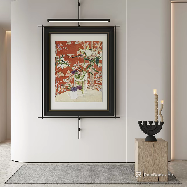 Black Framed Painting Red Background White Flowers Green Leaves On Wall Wooden Stand And Candlestick 3d model