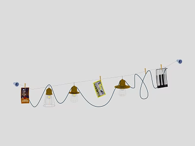 Decorative Ornament Set With Hanging String Yellow Cone Shaped Lampshades Black Cup And Small Cards 3d model