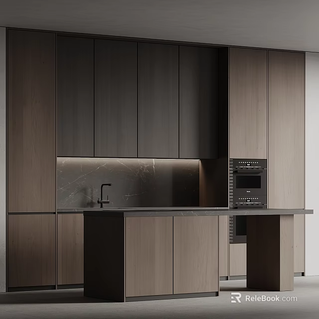 Modern Kitchen Interior With Wooden Cabinets Marble Countertop And Built In Oven 3d model 