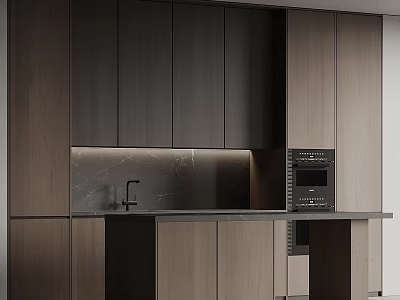 Modern Kitchen Interior With Wooden Cabinets Marble Countertop And Built In Oven 3d model
