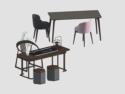 Modern Wooden Furniture Set With Table Upholstered Chairs And Decorative Items 3d model