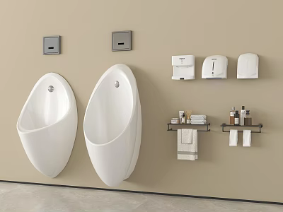 Modern White Urinals Mounted on Beige Wall with Hand Dryers and Towel Racks 3d model