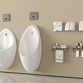 Modern White Urinals Mounted on Beige Wall with Hand Dryers and Towel Racks