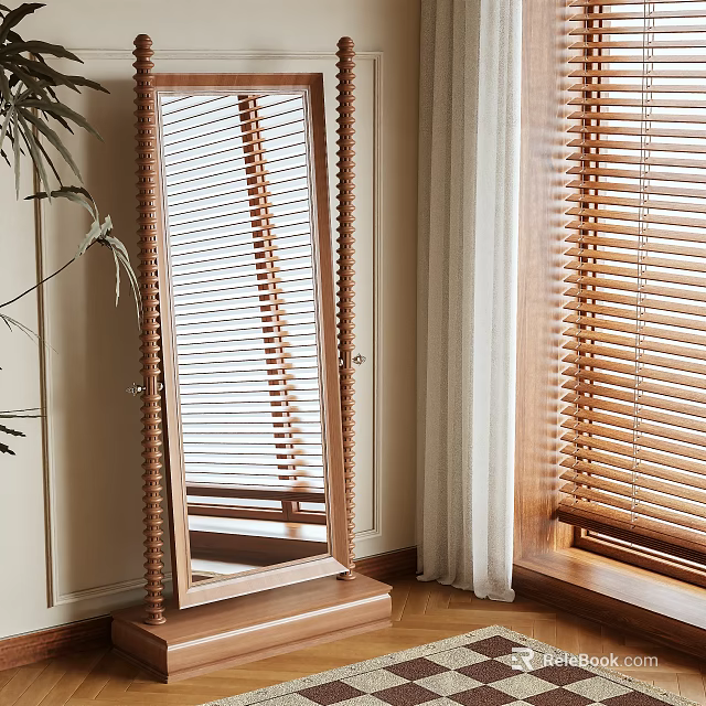 Tall Mirror with Wooden Frame in Modern Interior near Window Blinds Curtain and Plant 3d model 