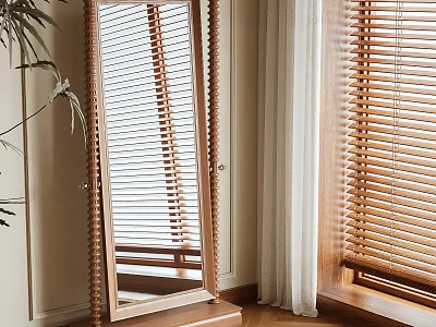 Tall Mirror with Wooden Frame in Modern Interior near Window Blinds Curtain and Plant 3d model