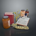 Daily Life Items With Books Jars Open Notebook Feather And Small Plant