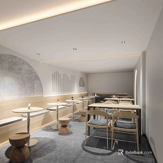 Modern Milk Tea Shop Interior With Cozy Seating Area And Simple Wooden Tables 3d model 