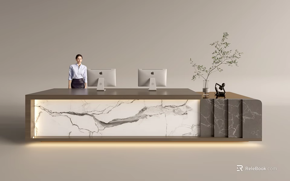 Modern Reception Desk Design With Marble Countertop Receptionist Computer Monitors And Plant 3d model 