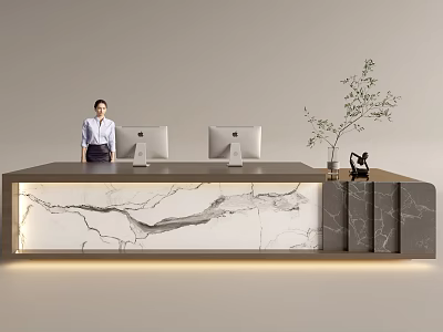 Modern Reception Desk Design With Marble Countertop Receptionist Computer Monitors And Plant 3d model
