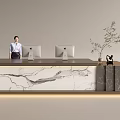Modern Reception Desk Design With Marble Countertop Receptionist Computer Monitors And Plant