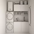 Modern Bathroom Sink With Wooden Cabinets Washing Machine And White Tiled Wall