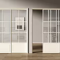 White Sliding Doors With Glass Grid Design In Interior Room With Wooden Floor